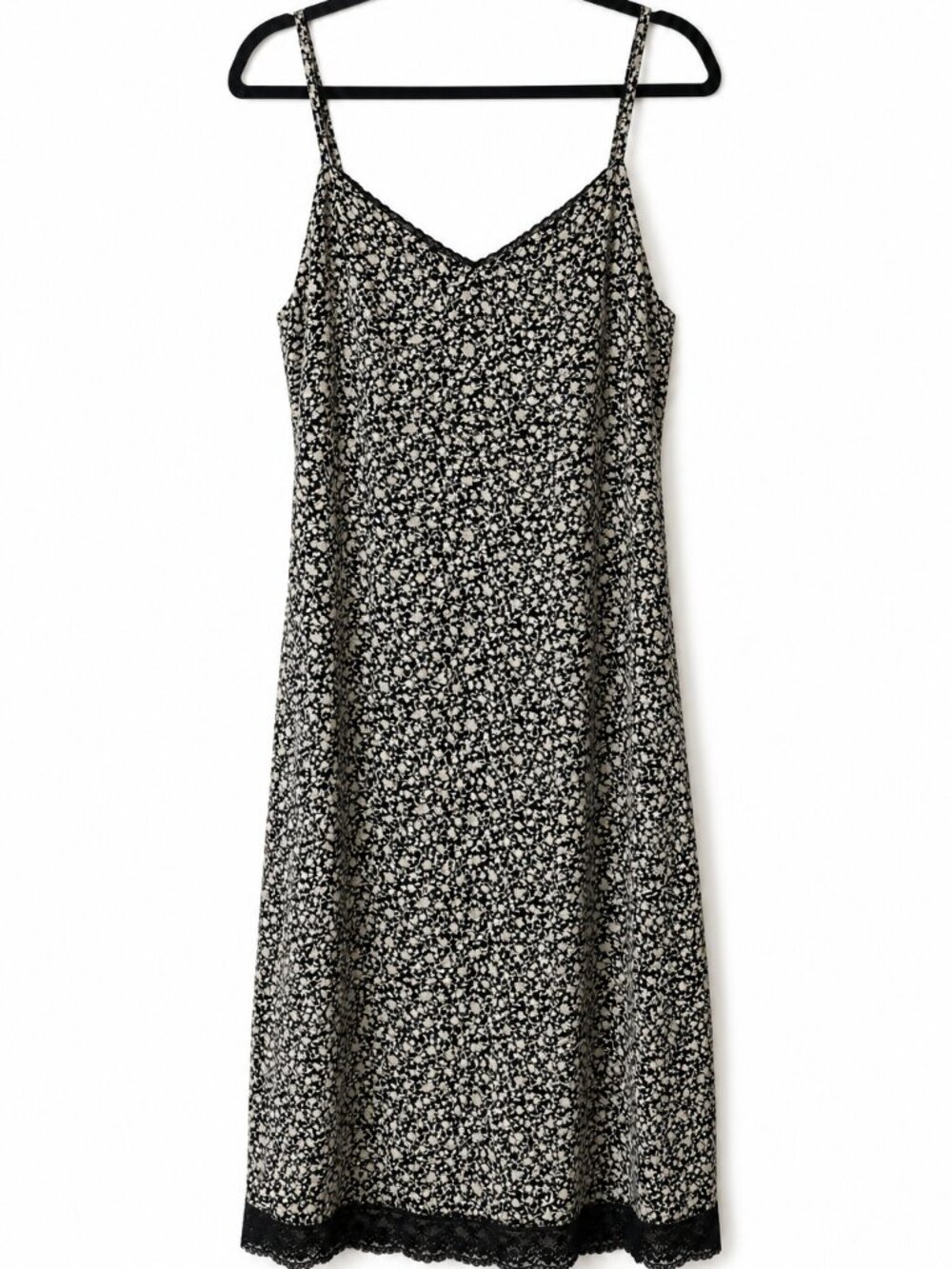 Vintage 2003 Old Navy Floral Lace Trim Slip Dress Black White Size 16 Y2K
